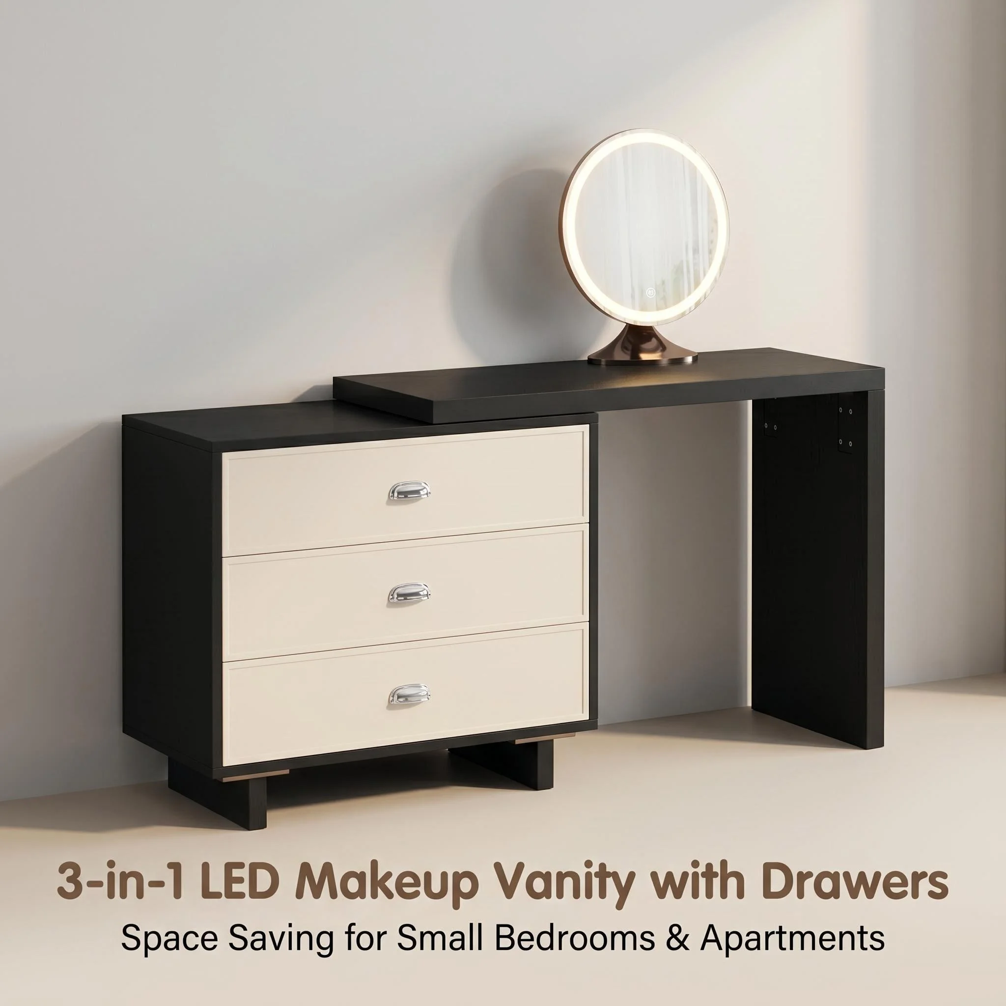 H0889a6584ec347b0b12c838092aa9047e.webp Modern Eco-friendly Vanity Desk Drawers Adjustable Makeup Table Led Mirror Mdf Dressing Table Storage Cabinet Hotel Living Room - Image 1