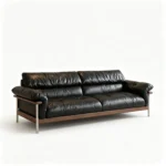 Mid- Modern Chesterfield Genuine Leather Sofa Set Vintage Wood Metal Base Sponge Filled Apartment-friendly Straight Couch