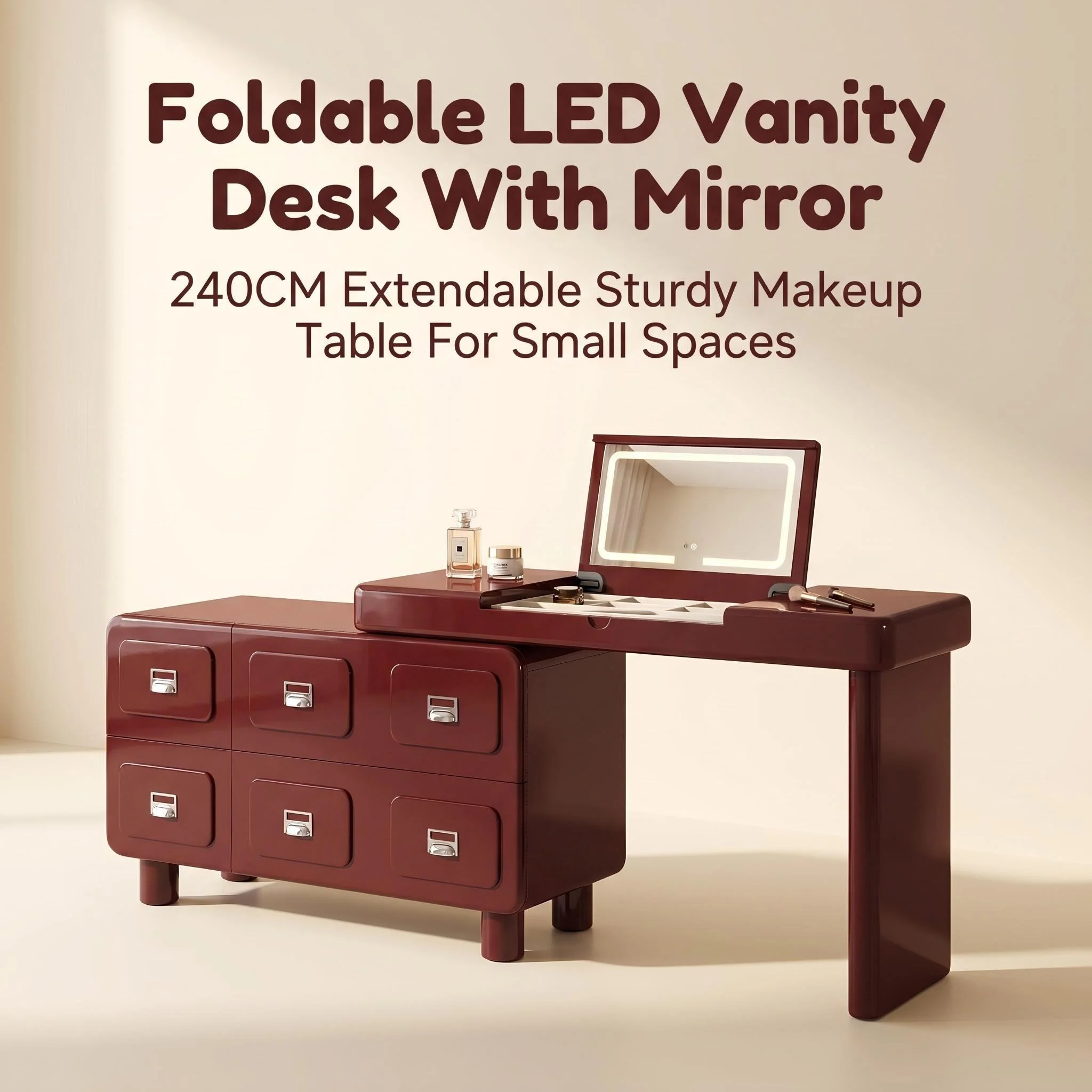 H7dcc6432569b4020be065b1fbd3038e7k.webp Modern Vanity Desk Drawers Adjustable Makeup Table Led Mirror Mdf Panel Dressing Table Storage Cabinet For Hotel Living Room - Image 1