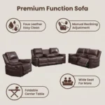 Modern Dark Brown Pu Leather Functional Sofa Set 1+2+3 Seater Reclining Easy Care Small Table For Home Theater & Living Room - Image 2