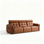 Mid- Modern Genuine Leather Upholstered Sofa Set Square 3-seater With Ash Wood Base