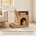 Human-pet Shared Red Oak Eco-friendly Durable Multifunctional Side Table Nightstand Natural Wood Corner Table Cat Bed Feeding - Image 4