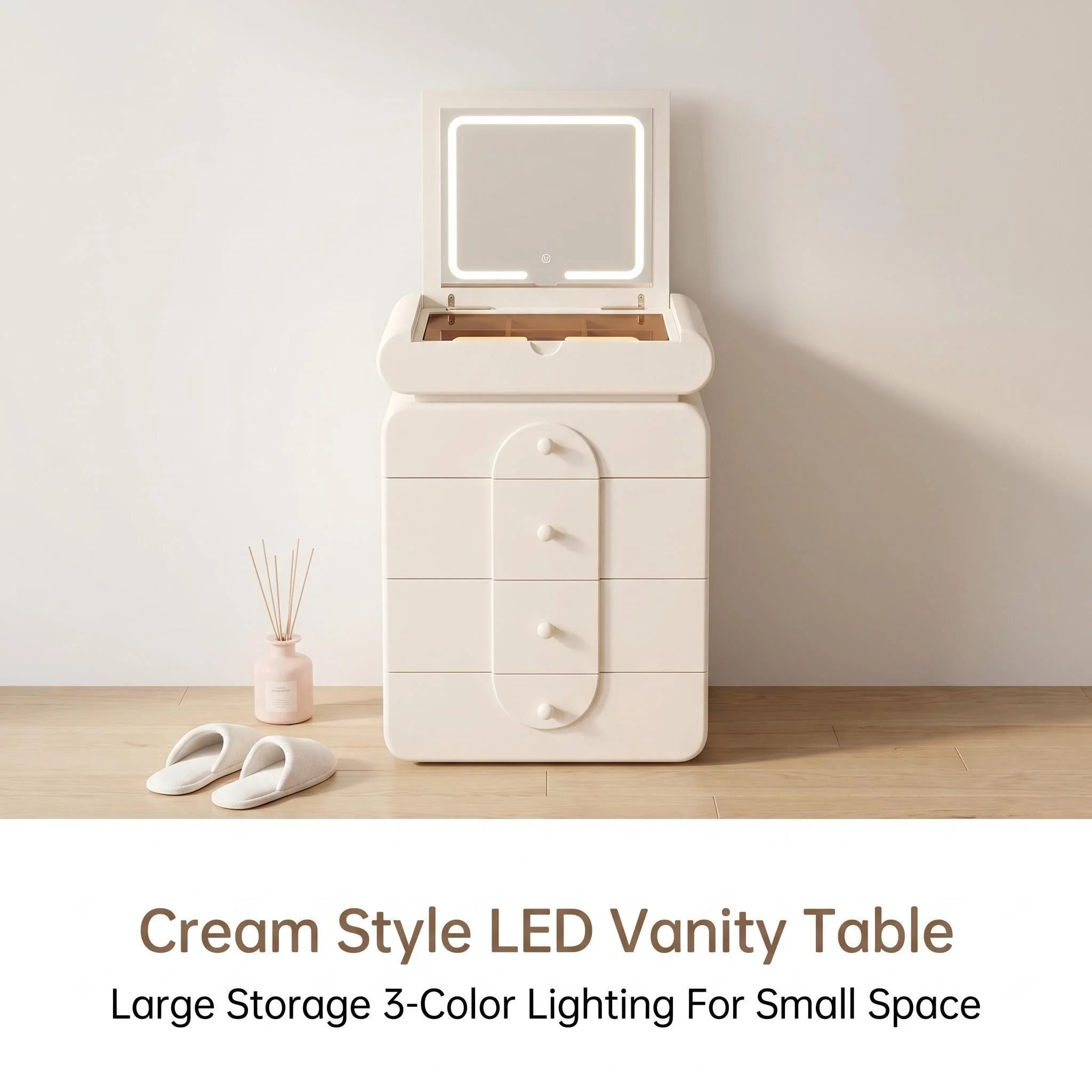 Hcbfea68ccbbb4057ac177f539f086e33m.webp Modern Vanity Desk Drawers Adjustable Makeup Table Led Mirror Mdf Panel Dressing Table Storage Cabinet For Hotel Living Room - Image 1