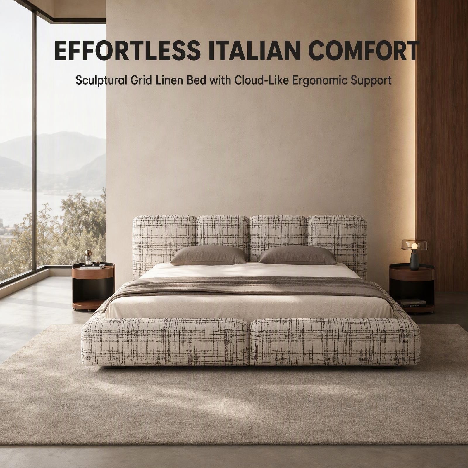 01_首屏主视觉_传递意式极简主卧空间美学 Z8035 Jannik Linen Upholstered Bed, Thick Cushioned Fabric Soft Bed for Large Master Bedroom - Image 1