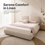 Z8036 Linen Upholstered Bed, Simple Neutral Fabric Soft Bed for Master & Guest Bedroom