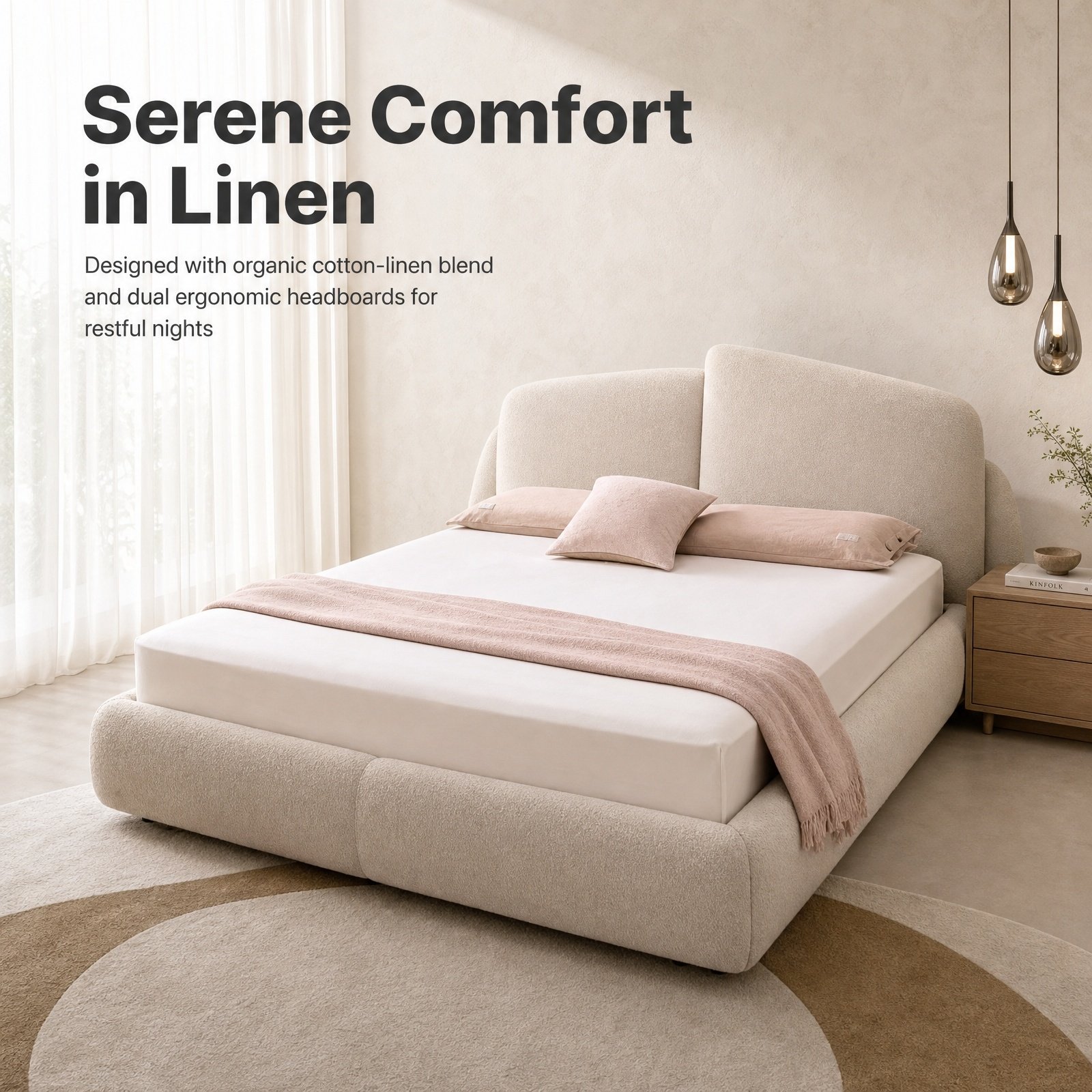 01_首屏主视觉_传递现代意式极简舒适美学 Z8036 Linen Upholstered Bed, Simple Neutral Fabric Soft Bed for Master & Guest Bedroom - Image 1
