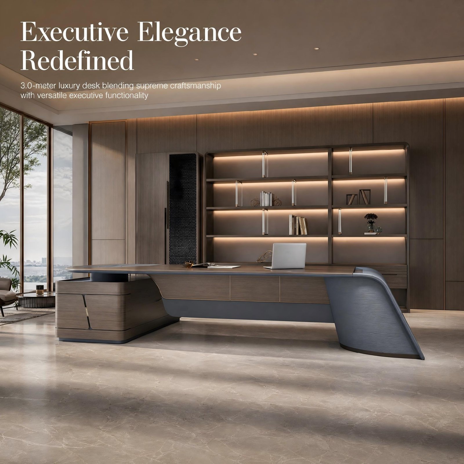 01_首屏主视觉_传递现代轻奢总裁大班台的领袖.. S55-B3020 3.0m Modern Luxury Executive Desk, Anna Grey Teak Veneer CEO Office Table with Side Return Cabinet, Matching Bookcase Optional - Image 1