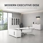White Panel Executive Desk, 1.8m / 2.0m Optional Size Modern Manager Office Table with Side Cabinet