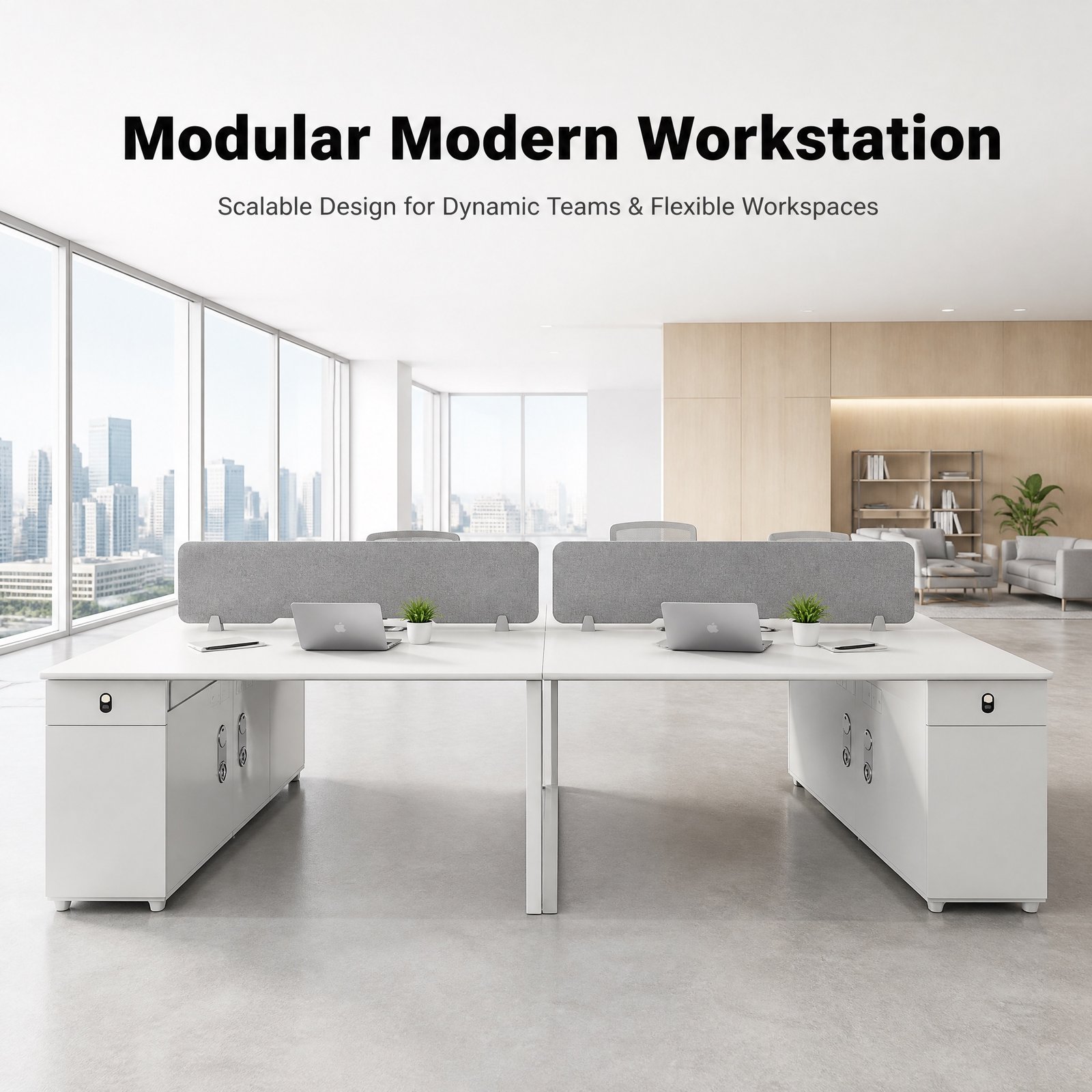 01_首屏主视觉_呈现现代开阔办公空间视觉冲击.. White 2-Person Back-to-Back Office Workstation & Matching White Modular Extension Staff Desk - Image 1