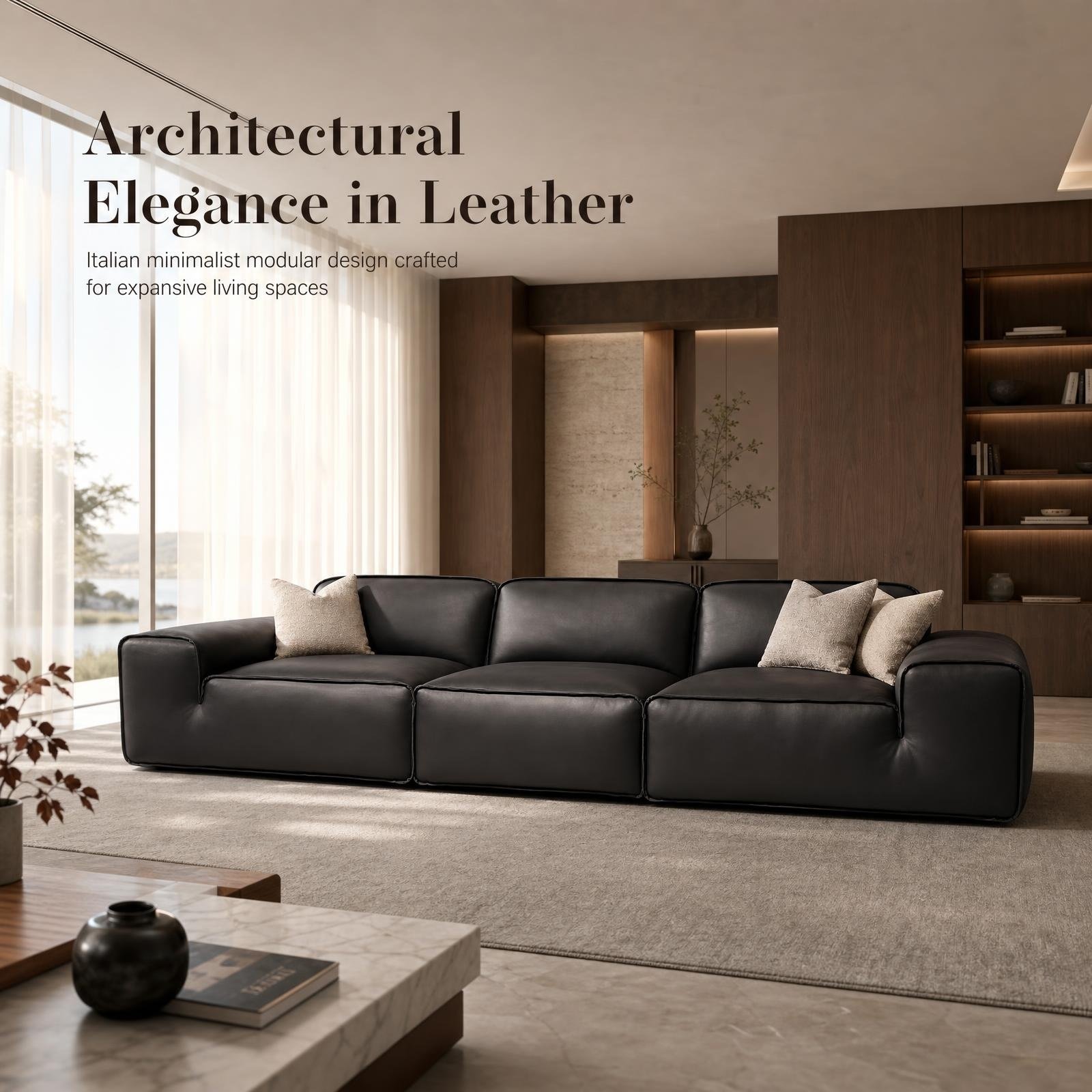 01_首屏主视觉_彰显意式大宅奢阔气度 Model K38 Genuine Leather Modular Sofa, Italian Minimalist Luxury Reception Sofa - Image 1