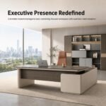 S55-B2420B 2.4m Modern Manager Desk, Anna Grey Teak & Khaki Grey Panel Executive Table with Side Cabinet
