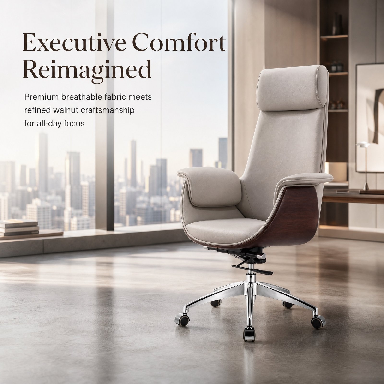 01_首屏主视觉_树立现代高管轻奢办公形象 Model 821 Khaki & Coffee Fabric Executive Swivel Chair, Breathable High Back Office Chair for Hot Climate - Image 1